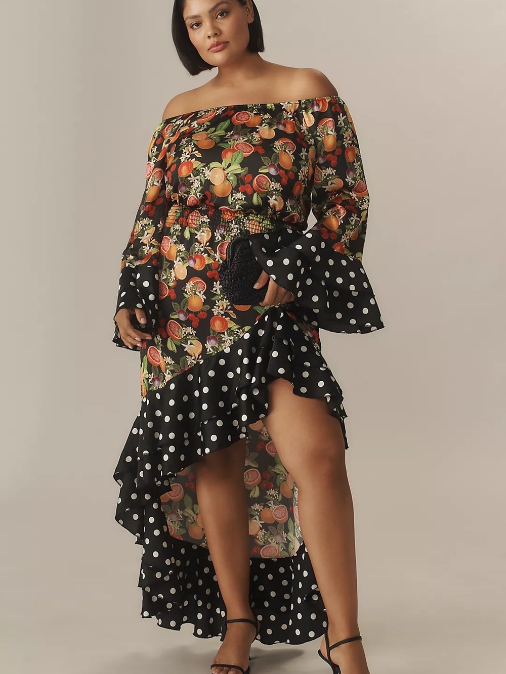 Show Me Your Mumu Dream Maxi Dress 2X Black Fruit Polka Dot Ruffle High Low